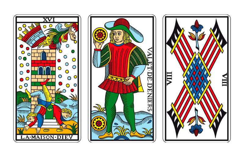Tríada de Tarot: TORRE, SOTA DE OROS Y OCHO DE BASTOS