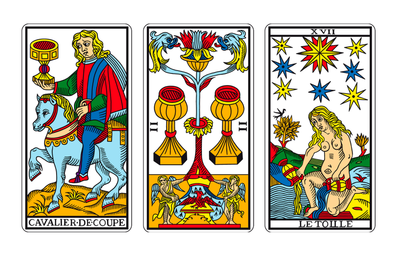 Tríada de Tarot: CABALLO DE COPAS, DOS DE COPAS Y ESTRELLA