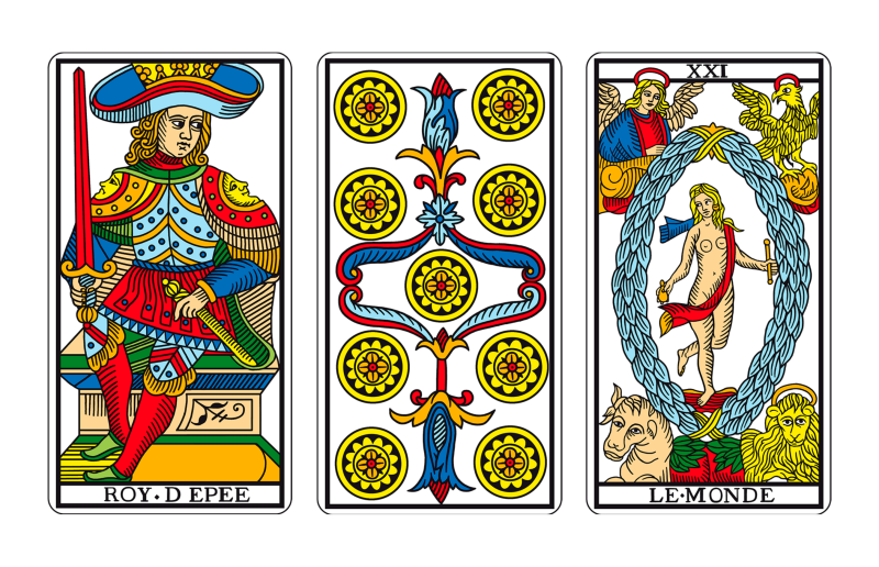 Tríada de Tarot: REY DE ESPADAS, NUEVE DE OROS Y MUNDO
