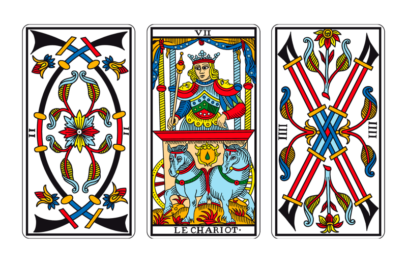 Tríada de Tarot: EL DOS DE ESPADAS, EL CARRO Y EL CUATRO DE BASTOS