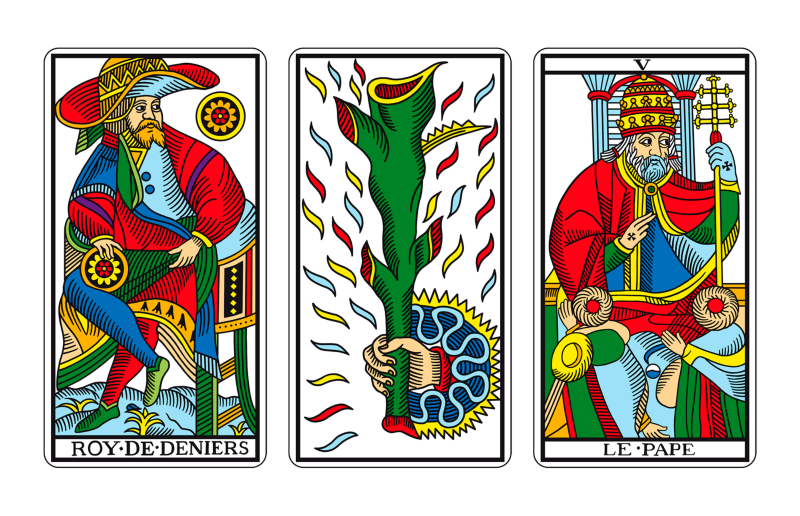 Tríada de Tarot: EL REY DE OROS, EL AS DE BASTOS Y EL SACERDOTE
