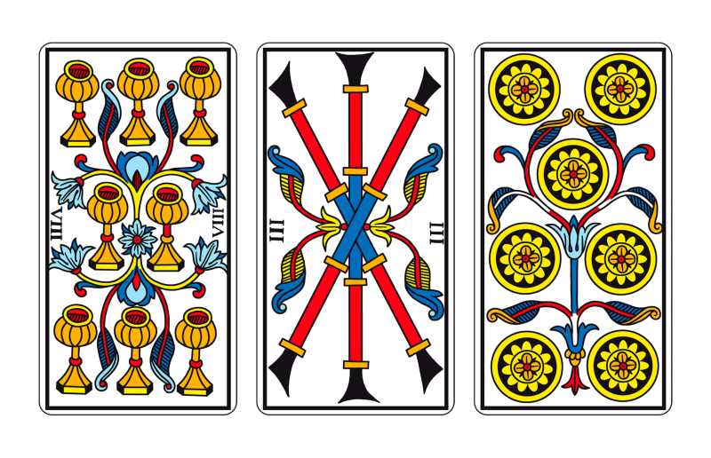 Tríada de Tarot: EL OCHO DE COPAS, EL TRES DE BASTOS Y EL SIETE DE OROS