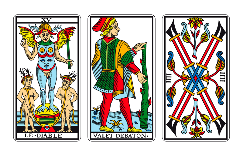 Tríada de Tarot: EL DIABLO, LA SOTA DE BASTOS Y EL CUATRO DE BASTOS