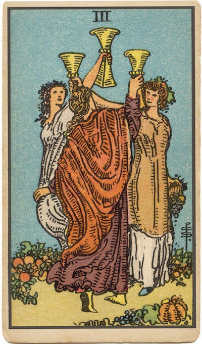 Carta de Tres de Copas. Tres figuras celebran brindando, que simboliza la celebración, la amistad, la comunidad y la alegría.