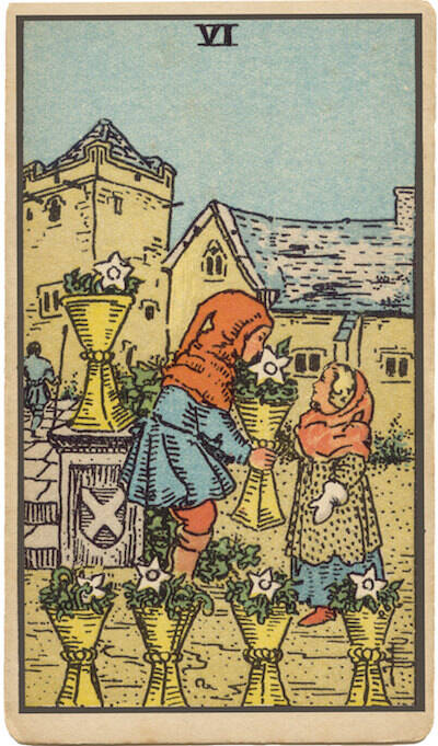 Carta de Seis de Copas. Dos niños comparten una copa en un jardín, que simboliza la nostalgia, los recuerdos, la inocencia y el pasado.