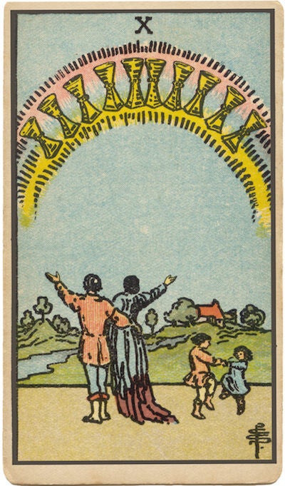 Carta de Diez de Copas. Una familia disfruta de diez copas en un arcoíris, que simboliza la plenitud, la armonía, la felicidad familiar y la realización emocional.