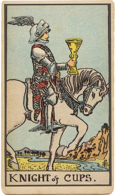 Carta de Caballero de Copas. Un jinete en armadura sostiene una copa, que simboliza la propuesta, el romanticismo, los sentimientos y la búsqueda de emociones.