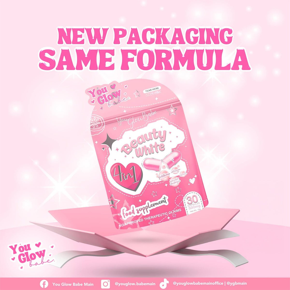 You Glow Babe Beauty White Glutathione Hydrolyzed Collagen 4-in-1 Supplement, 500mg 30 Capsule