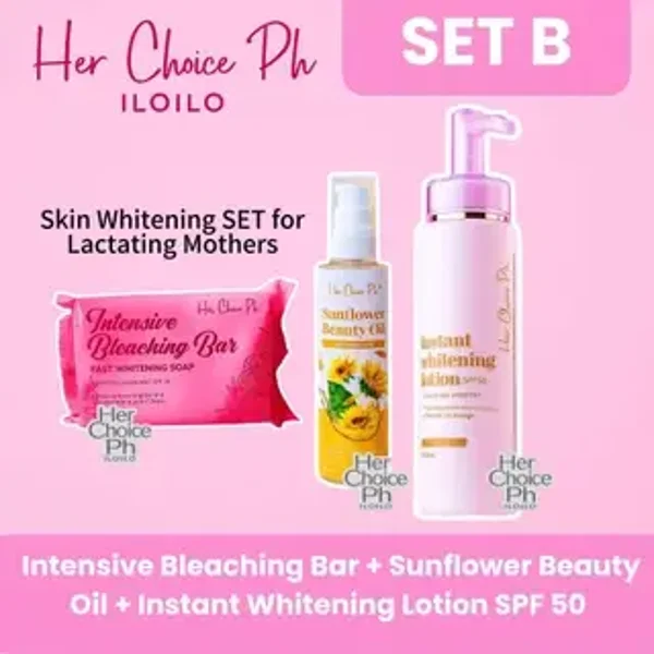 Her choice ph Set B- Intense Bleaching Bar, Sunflower oil, and Instant Whitening lotion