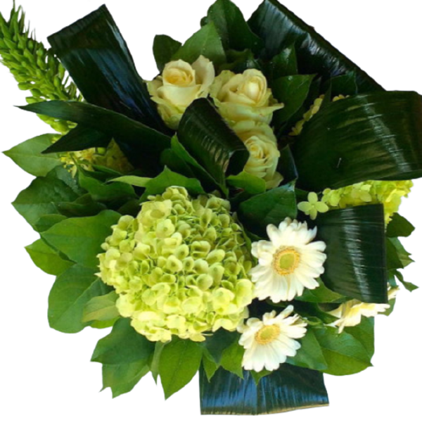 Boeket wit-groen met gerbera, rozen en hortensia