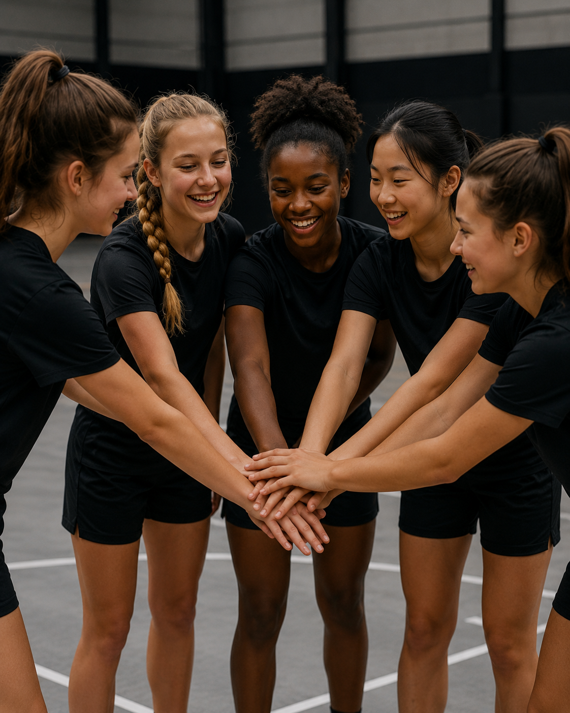 Jongeren spelen pick-up basketbal op het indoor half court van The Facility Merksem