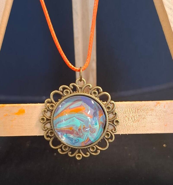 Ketting bloem vintage oranje/turkoois/paars