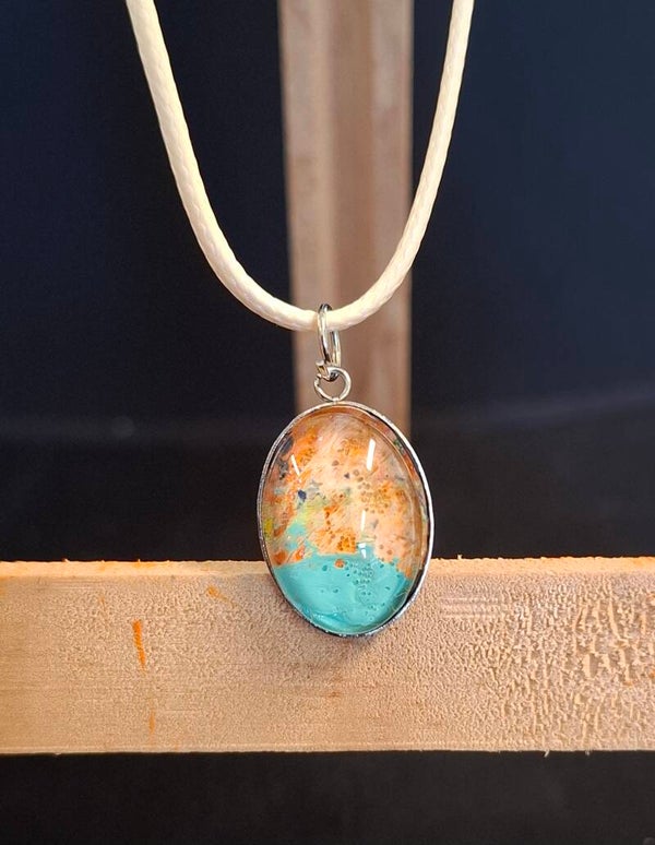 Ketting zilver ovaaltje oranje/turkoois