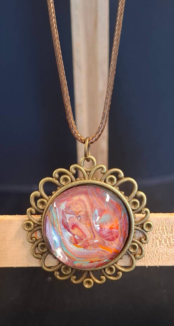 Ketting bloem vintage rood/turkoois/goud
