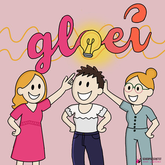 Illustratie van drie lachende collega’s onder het woord ‘gloei’ met een brandende lamp als symbool voor energie en nieuwe ideeën.