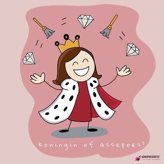 Illustratie van vrouw met kroon en mantel die diamanten en bezems jongleert, als symbool voor alle ballen in de lucht houden.