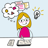 Illustratie van vrouw die ideeën omzet in visuele verhalen, met symbolen, tekstballonnen en een lampje als inspiratie.
