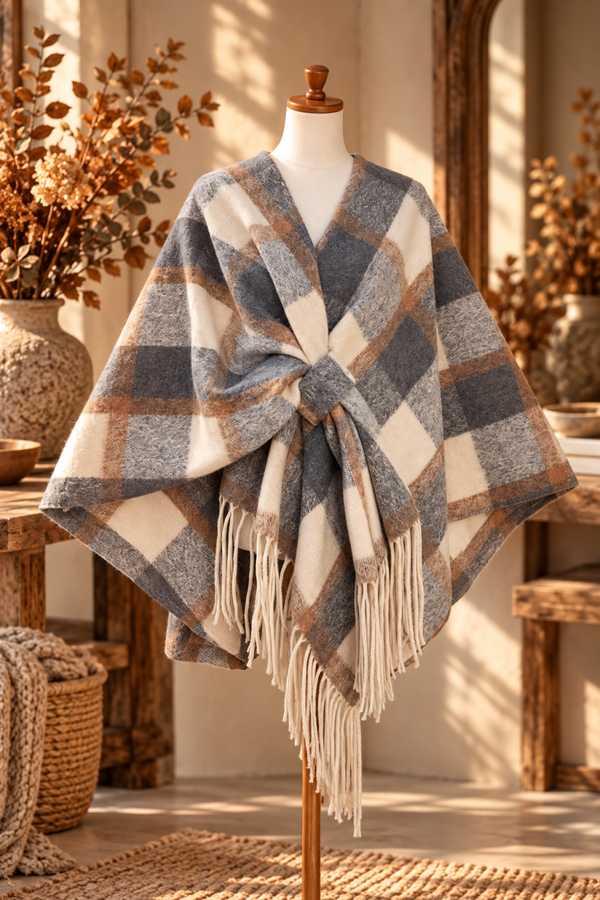 Cape à carreaux avec franges – Gris, Écru & Camel