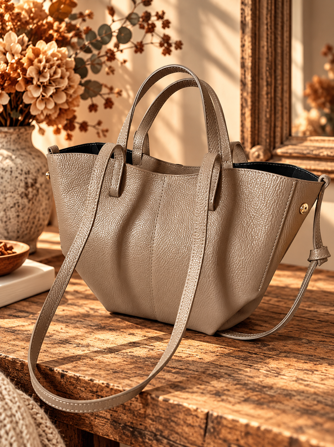 Sac Tote en Cuir Véritable - Taupe - Fabrication artisanale italienne