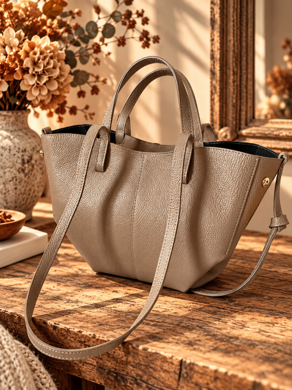 Sac Tote en Cuir Véritable - Taupe - Fabrication artisanale italienne