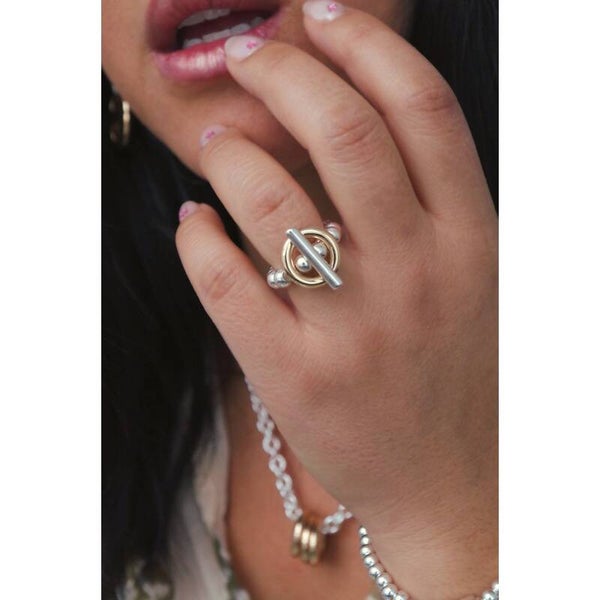 Bague en perle d'argent plaqué, bouée doré à l'or fin