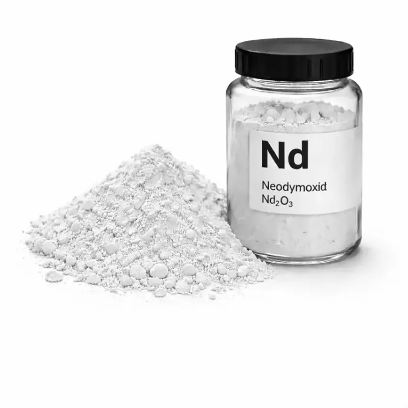 Neodymoxid Rohstoff für starke Permanentmagnete in Elektromotoren und Windkraft – mehr über Anwendungen entdecken.