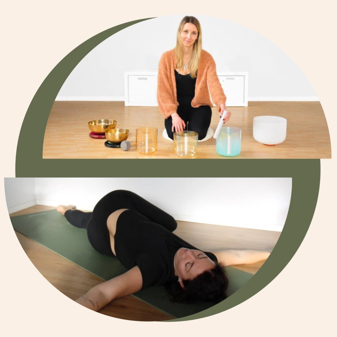 Liegende Drehnung Haltung Yogaflow und Kristallschlangschalen