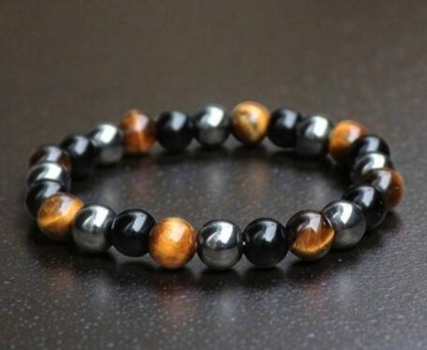Bracelet Homme "Triple Protection" Obsidienne Noire - Oeil De Tigre - Hématite Noire 8 Mm