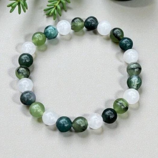 Bracelet en Agate Mousse, Pierre de Lune & Prénite – 8 mm
