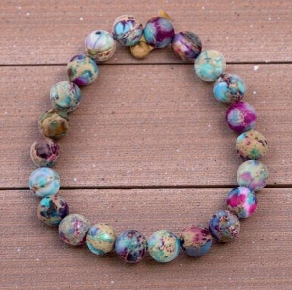 Bracelet en Jaspe Multicolore Naturel – Marbré Violet, Bleu, Vert & Rose