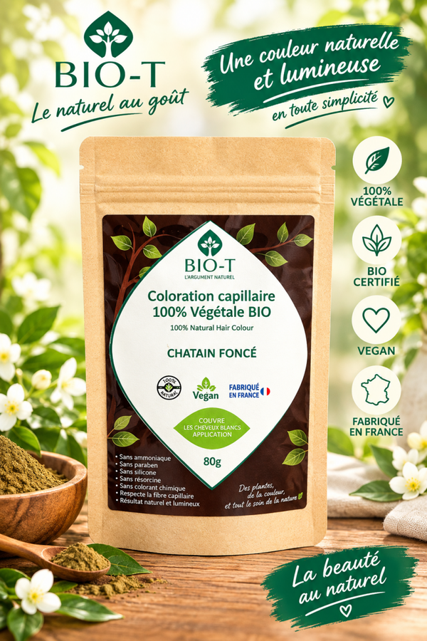 Coloration Végétale Bio Mono-Temps – Châtain Foncé | Cheveux Brillants et Naturels en 1h