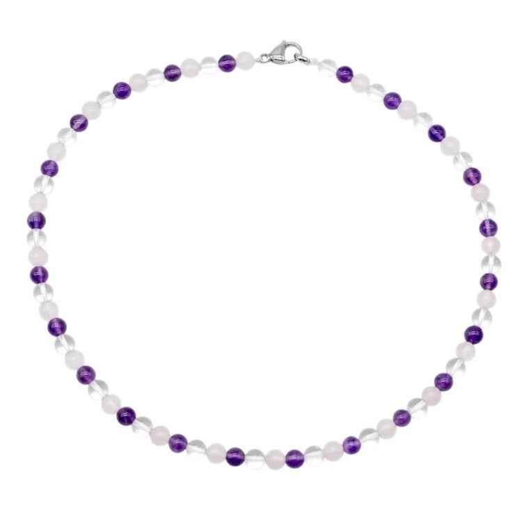 Collier Anti-stress & angoisse — Améthyste, Cristal de roche & Quartz Rose A+