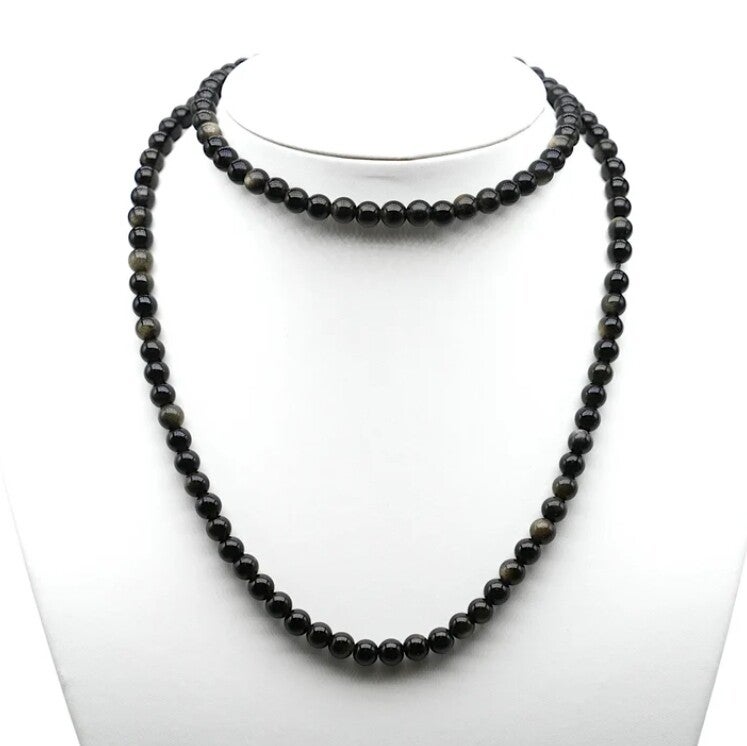 Collier Sautoir (75 cm) Obsidienne Dorée