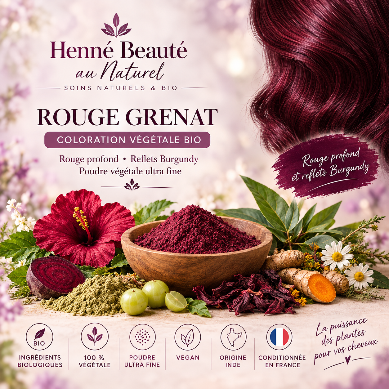 🌹 Rouge Grenat – Coloration Végétale BIO - Exclusivité Henné Beauté au Naturel