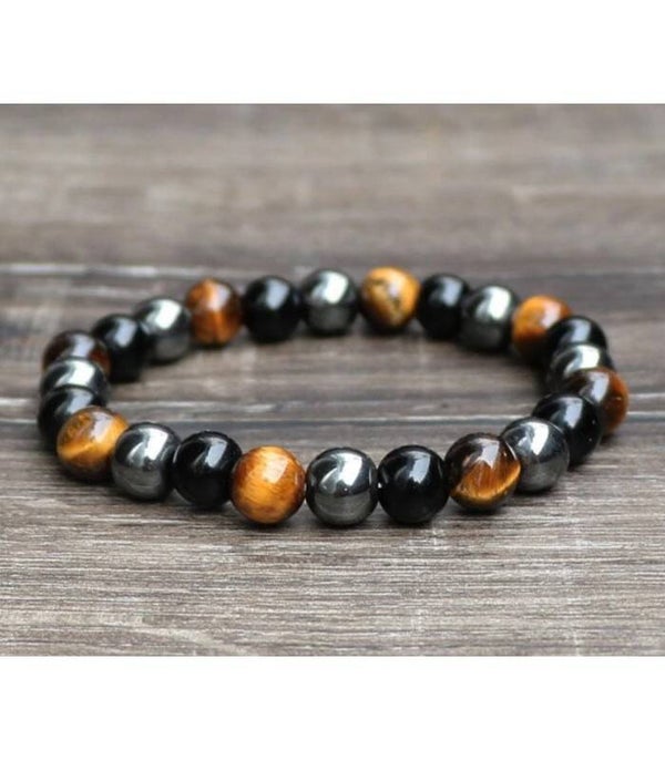 Bracelet Homme "Triple Protection" Obsidienne Noire - Oeil De Tigre - Hématite Noire 8 Mm