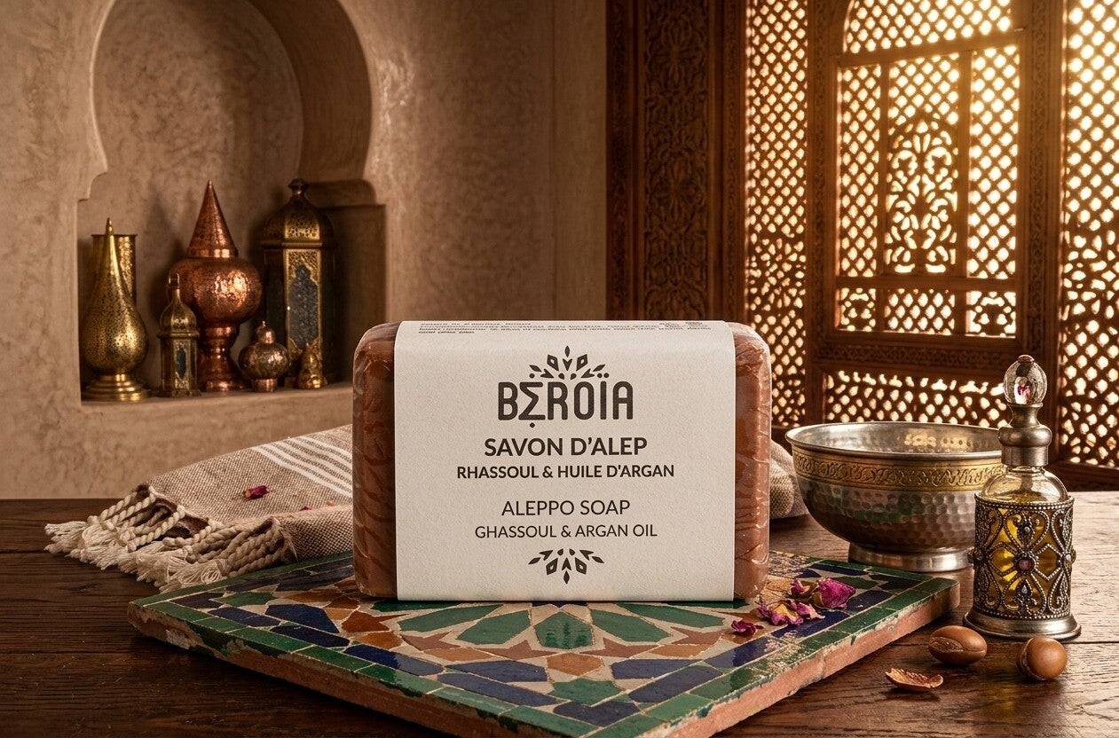Savon d'Alep Rhassoul & Huile d'Argan "Éclat de la peau" - Béroïa -