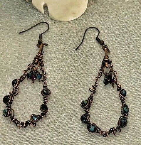 Antiqued Copper Teardrop and Crystal Earrings # 0420