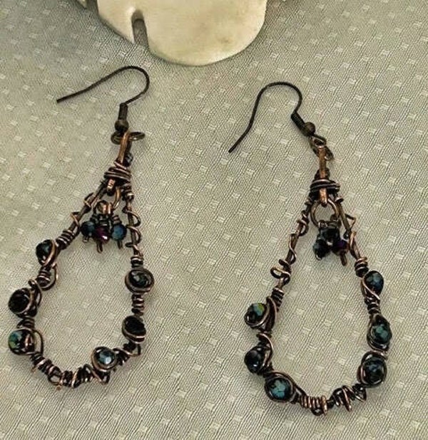 Antiqued Copper Teardrop and Crystal Earrings # 0420