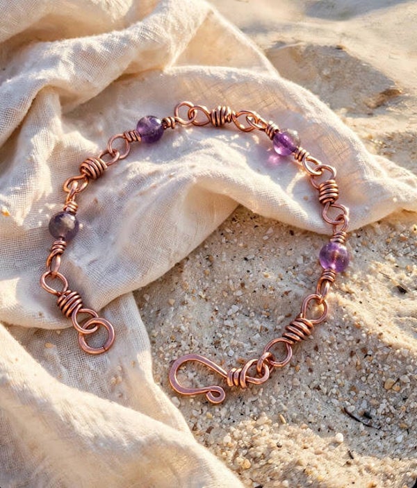 Coastal BOHO Amethyst Bare Copper Bracelet # 012