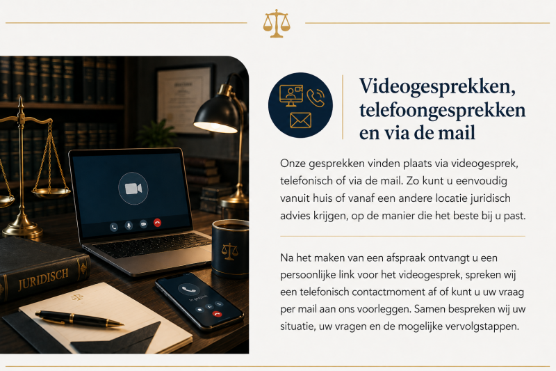 Laptop en telefoon voor een video- of telefoongesprek in een juridisch kantoor