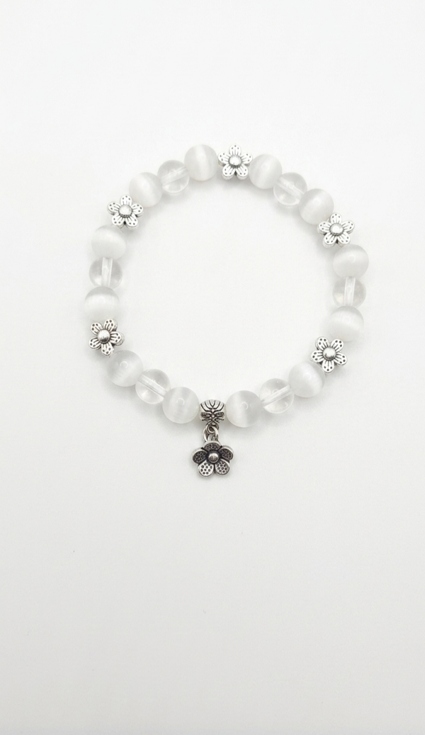 Bracelet fleur de lumière en sélénite & cristal de roche