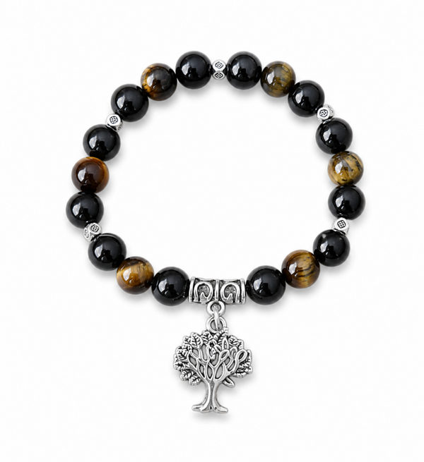 Bracelet ancrage sacré en oeil de tigre & tourmaline noire 8 mm