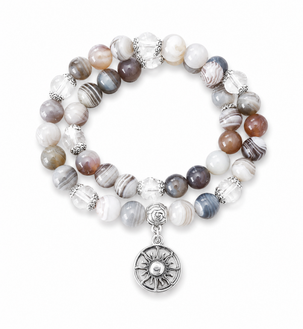 Bracelet double lune d'argent en agate bostwana et cristal de roche 8mm