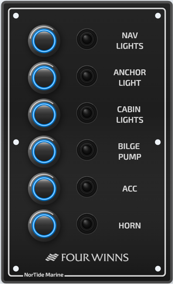 12V / 24V Schakelpaneel- Nortide marine 0350  - 6 drukknoppen en automatische zekeringen