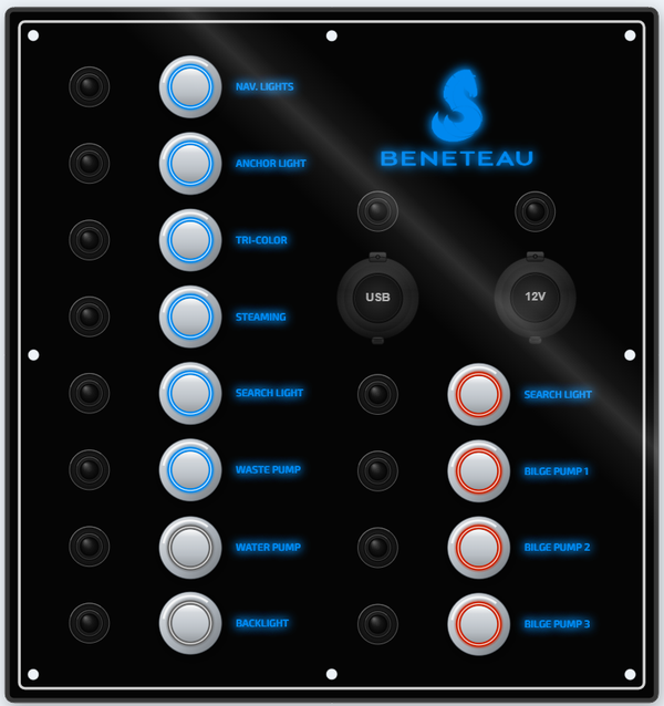 12V Switch panel - Nortide marine 0630  - 12 pushbuttons with circuit breakers, USB C and power socket and custom logo