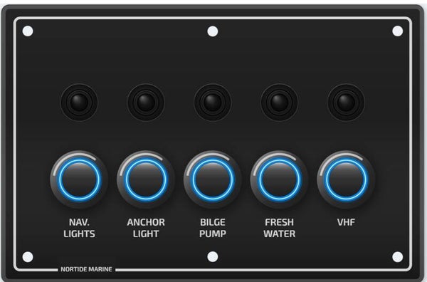 12V / 24V Schakelpaneel - Nortide marine 0560  - 5 drukknoppen met automatische zekeringen