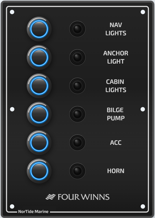 12V / 24V Schakelpaneel - Nortide marine 0351  - 6 drukknoppen met automatische zekeringen