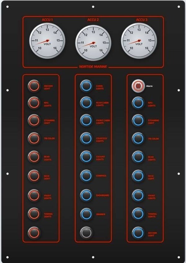 12V / 24V Schakelpaneel - Nortide marine 1803- 26 drukknoppen, alarm en custom graveringen