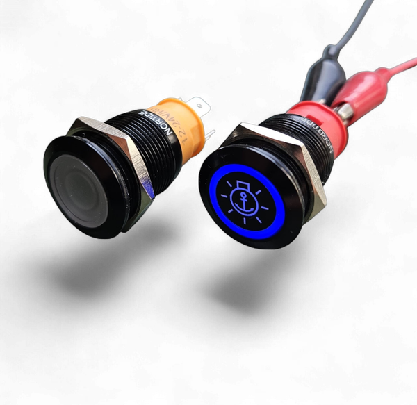 NorTide IP67 drukknop schakelaar met label symbool 12V/24V Blauwe LED