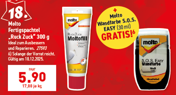 Molto Fertigspachtel "Ruck Zuck" 300 g + SOS Wandfarbe 30ml GRATIS
